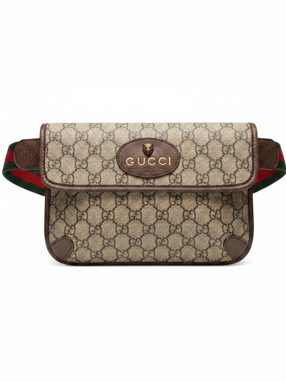 Gucci Beige GG Canvas Belt Bag with Brown Trim and Green-Red Web